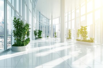 Fototapeta premium An eco-friendly, green and modern interior concept fills the spacious, airy rooms. The rooms are designed with a biophilic design in a minimalist, white interior with plants. Views of the city can be
