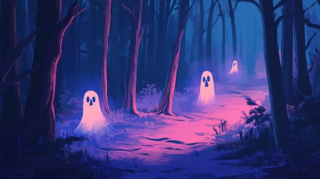 A mystical forest scene with glowing ghosts haunting a misty path, evoking an enchanting and eerie atmosphere.