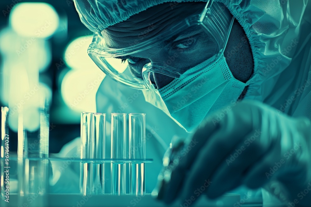 Poster scientist handling high-tech equipment in pristine, modern laboratory.