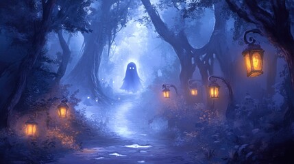 Fototapeta premium A mystical forest shrouded in blue mist, illuminated by glowing lanterns, evoking a sense of wonder and mystery.