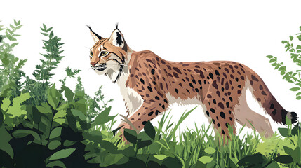 Naklejka premium A detailed illustration of a lynx walking through lush greenery isolated on transparent background