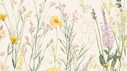 Pattern background with muted botanical illustrations featuring flowers and leaves