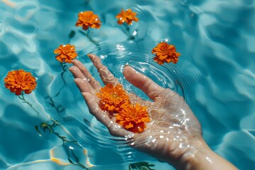 During daylight, a cropped image of an anonymous person holding orange flowers in blue water can be seen