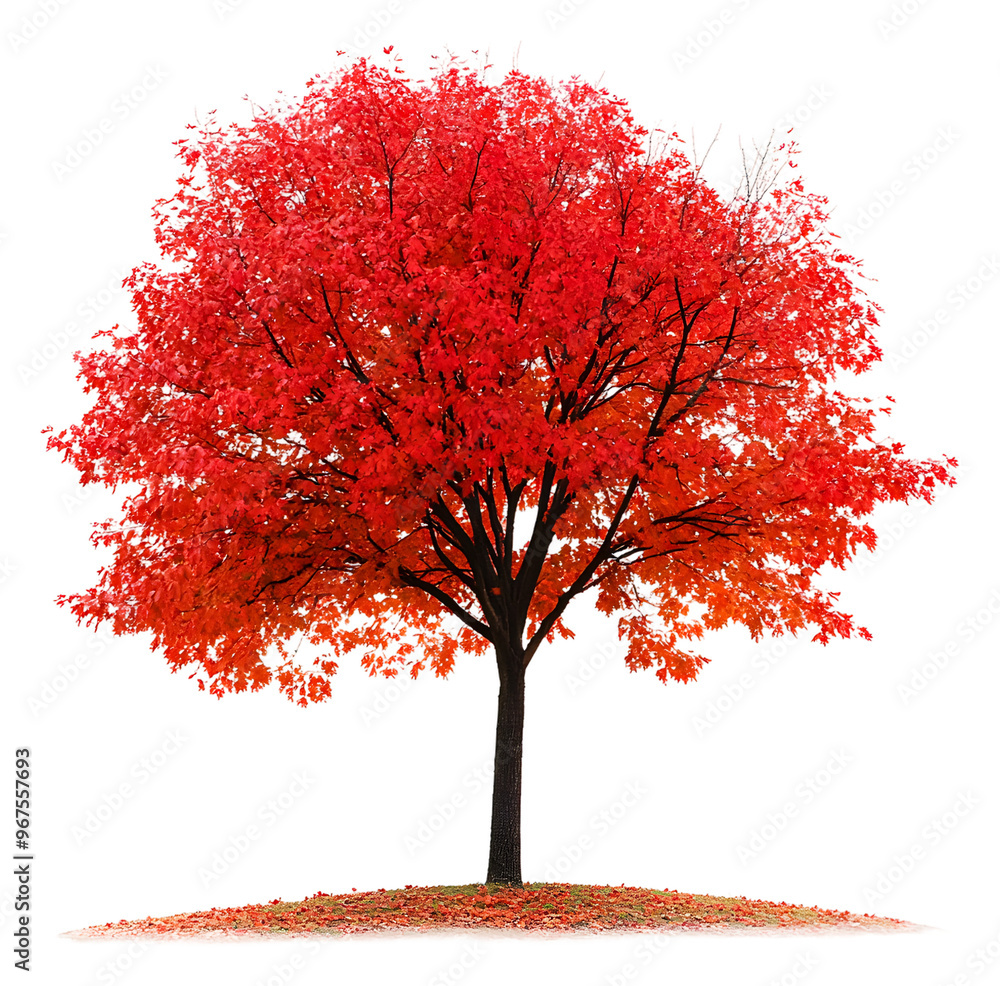 Aufkleber vibrant red maple tree standing alone in autumn with fallen leaves isolated on transparent backgroun