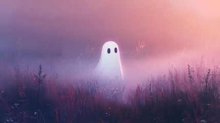 A mystical ghost appears in a foggy landscape at dawn, creating an ethereal and enchanting atmosphere in the wilderness.