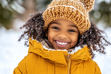 Playful African child girl in yellow coat and hat playing in a snow-covered park. Copy space.