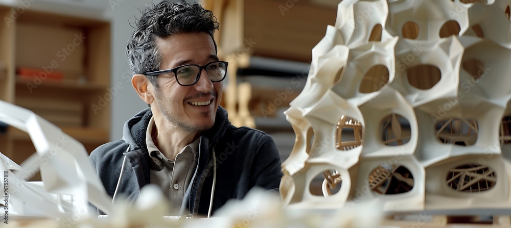 Poster a happy architect with a model of a building