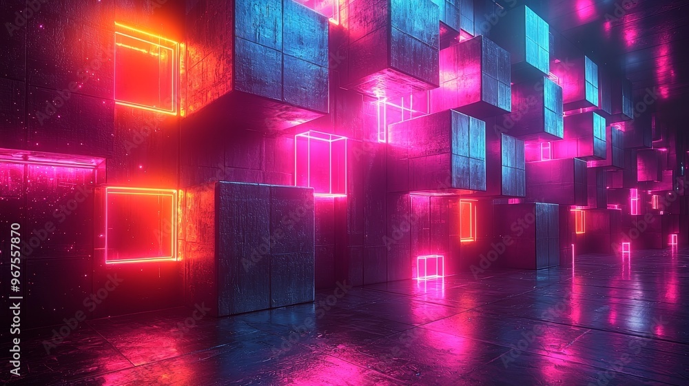 Poster modern and futuristic abstract background with glowing cubes in tunnel perspective