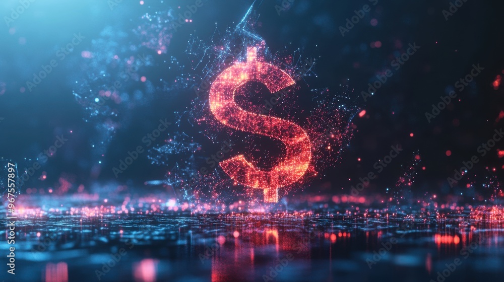 Poster a futuristic rendering of the thai baht symbol made of digital particles, floating in a cyber