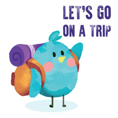 Watercolor cute bird character with backpack