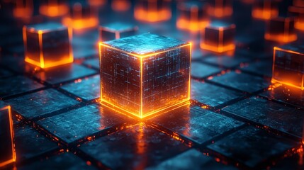 An abstract 3D block with orange and blue tones with a glowing fracture in the middle