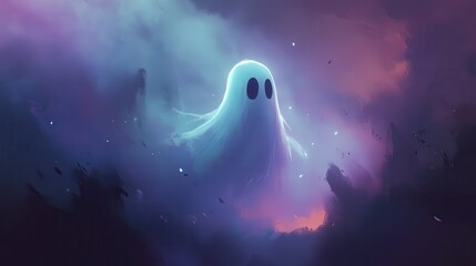 A mystical ghost floats through a colorful mist, creating an enchanting and ethereal atmosphere perfect for fantasy themes.