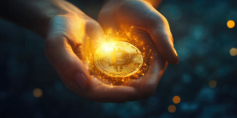 Businessman is showcasing a bright, glowing bitcoin, suggesting the promising future of digital currency and decentralized finance