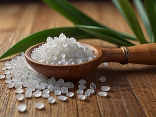 Naklejka na ściany i meble A close-up view of healthy sea salt accompanied by an almond tree branch, set against a bamboo backdrop. AI generated.