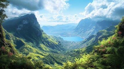 Panoramic view of a mountain lake with lush green hills and blue sky.