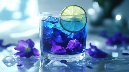 A glass of deep blue butterfly pea tea, with a slice of lime that turns the drink into a vivid