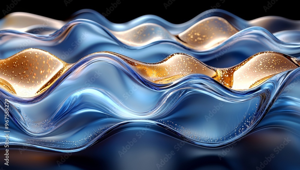 Poster an abstract 3d wave on a glossy surface represents fluid movement and fluidity