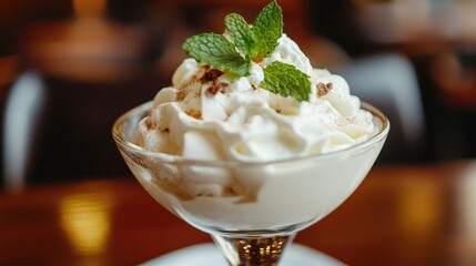 A cold dessert topped with whipped cream and a sprig of mint, served in a delicate glass dish.