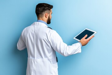 Back view of skilled doctor holding application form and looking and pointing. Professional caucasian doctor wearing lab coat and stethoscope standing at blue background. Innovation. Deviation.