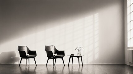 Fototapeta premium Generative AI, Two minimalist chairs facing each other with a small table between them in an empty room. The scene feels calm and balanced with soft lighting