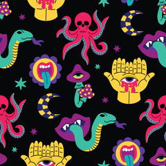 Psychedelic trend seamless pattern, bright acidic elements. Cartoon illustration on a black background