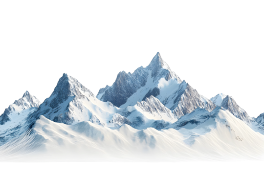 Snow-covered mountain range under a clear blue sky in winter isolated on transparent background