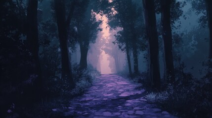 Fototapeta premium A mystical path shrouded in purple mist, surrounded by tall trees, inviting exploration into a serene forest.