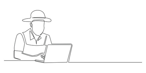 continuous line of farmers innovating with AI technology.one line drawing of farmer using laptop.farmer using AI technology.single line vector illustration.isolated white background