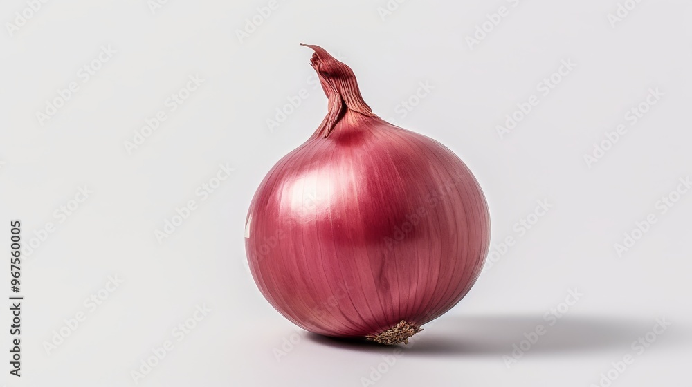 Poster a single red onion placed on a light surface with natural shadows emphasizing its shape