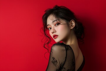 Fototapeta premium Stylish asian woman poses against red background with hands on hips and head tilted to one side wearing sheer top and skirt