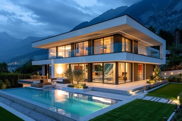 Fototapeta premium Modern house with swimming pool, night view of lawn and mountains, white walls, glass windows, bright interior lights, terrace furniture, outdoor lighting.