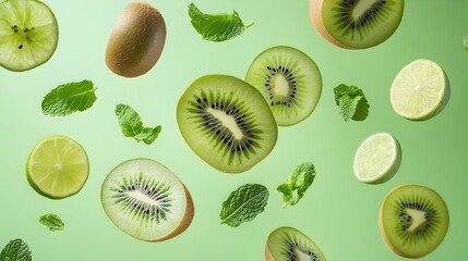 Fototapeta premium Assortment of Fresh Green Superfoods and Citrus Fruits on Light Background