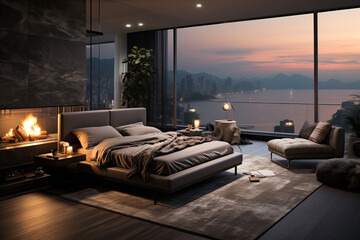 Luxurious modern bedroom with a cozy fireplace, soft neutral bedding, floor-to-ceiling windows offering a stunning view, complemented by minimalist decor and plush furnishings.