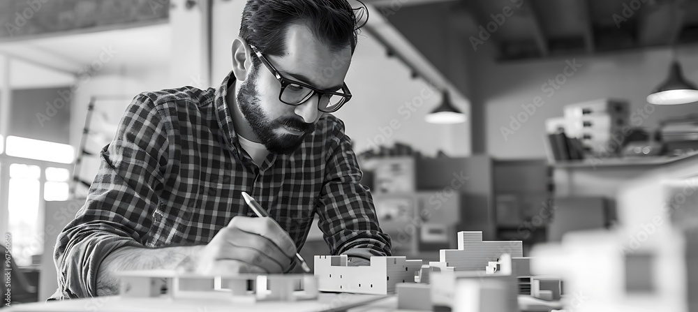 Poster a happy architect with a model of a building