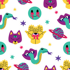 Psychedelic trend seamless pattern, bright acidic elements. Cartoon illustration on a black background