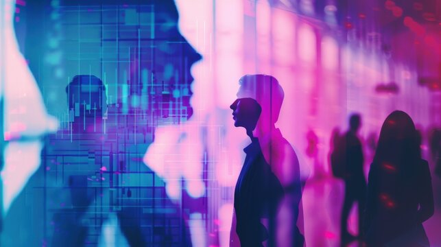 A double exposure of silhouettes of business people and stock market charts with a blue, purple and pink color palette