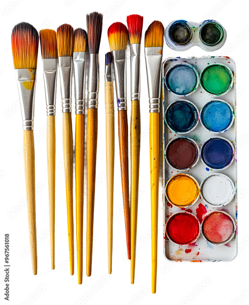Poster assorted paintbrushes and watercolor palette for artistic creation isolated on transparent backgroun