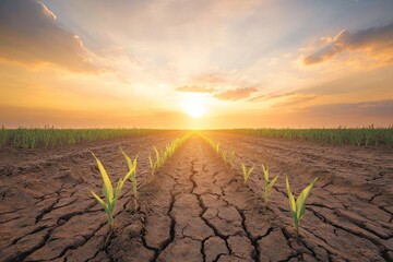 Small plants sprouting in cracked dry soil, symbolizing resilience, growth, and hope.