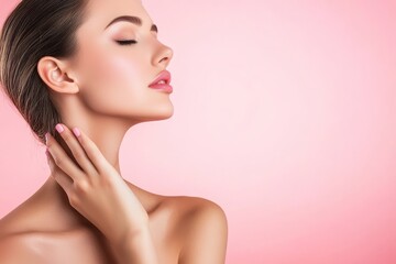 Naklejka premium Young woman with hands on face, focusing on skincare and beauty regime against pink background