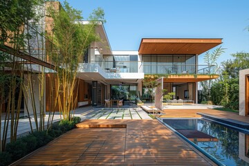 Fototapeta premium Modern house with wooden terrace and swimming pool, bamboo bushes in garden, clear blue sky, minimalist style, wide angle view.