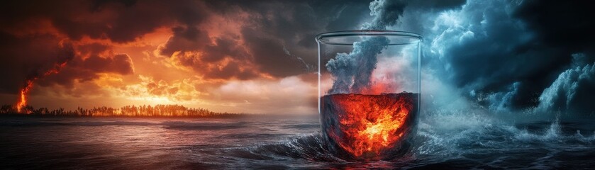 Fototapeta premium A bubbling ocean of molten rock inside beaker contrasts with dramatic landscape of fire and stormy skies, evoking sense of powerful natural forces
