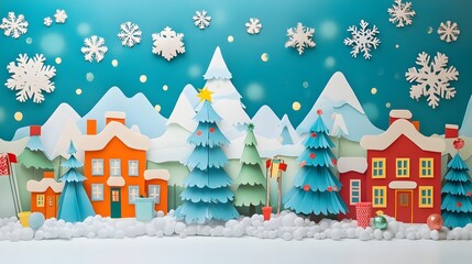 Obraz premium Cozy Winter Village Landscape with Snowy Mountains and Festive