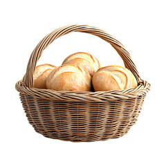 A rustic basket filled with fresh, golden-brown bread rolls, perfect for a cozy kitchen or bakery setting.