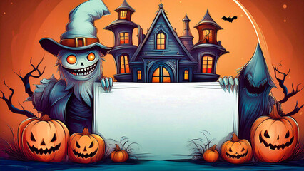 Halloween monster near of creepy old house holding blank sign with space for advertisement and text.