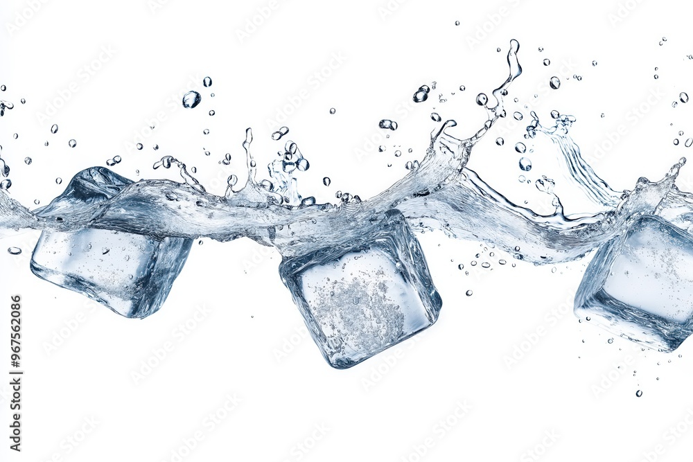 Poster ice cubes splashing into refreshing water on white background