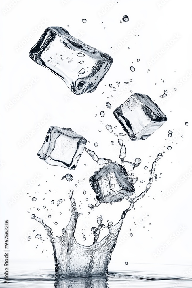 Poster ice cubes splashing into water creating crown shaped splash