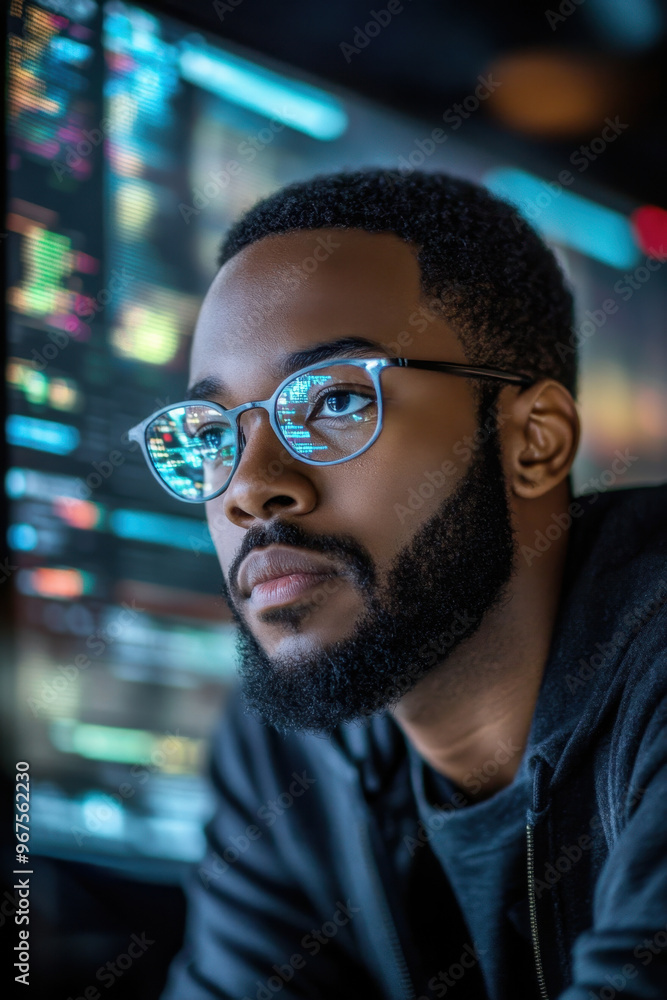 Poster ai cybersecurity threat, a black it specialist analyzes data for potential information technology pr