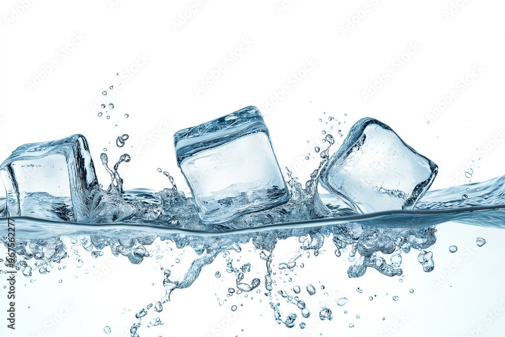 Poster ice cubes splashing into water creating bubbles