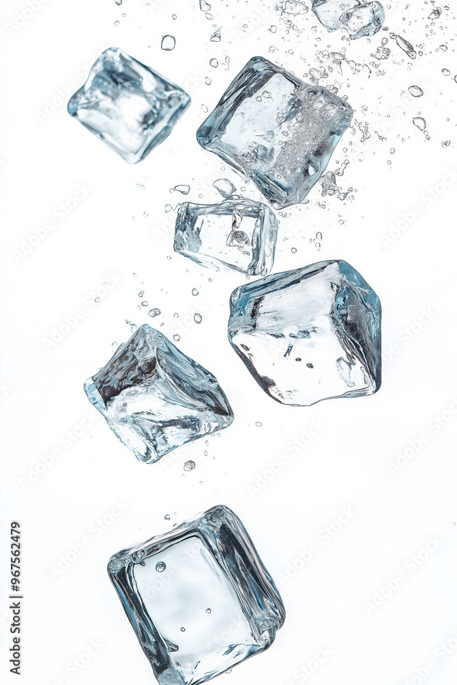 Poster ice cubes falling into water creating bubbles on white background