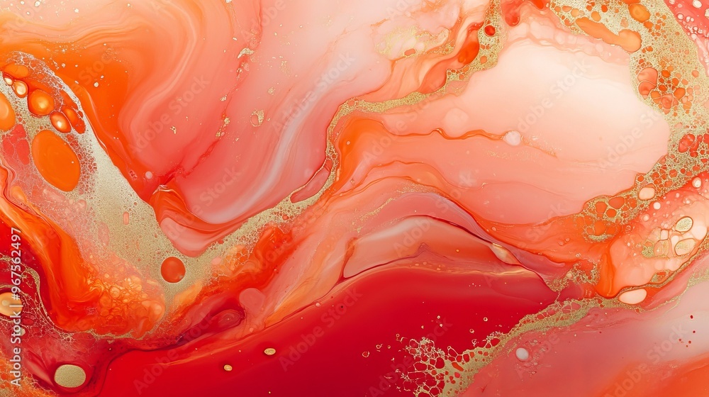 Poster red and coral colored fluid art background. liquid marble effect. acrylic painting on canvas with or